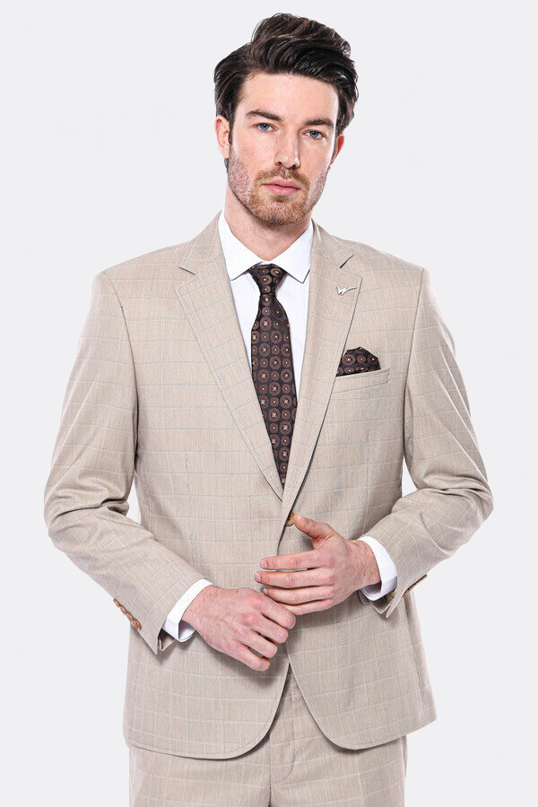 4 Drop Checked Regular Fit Beige Suit
