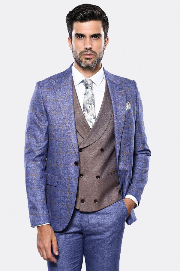 Checked Blue Men's Suit