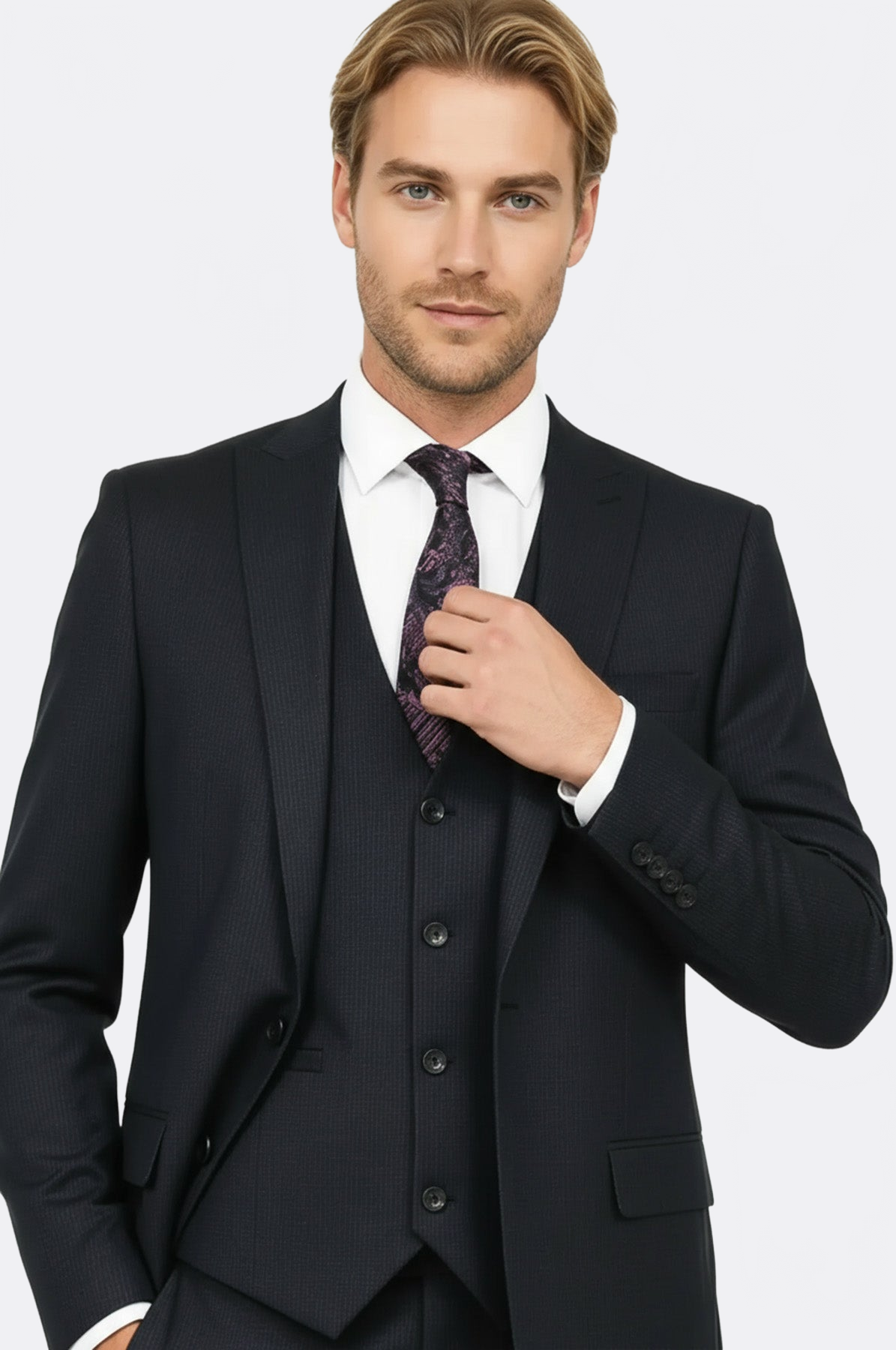 Slim Fit Patterned Navy Blue Men Suit - Image 2