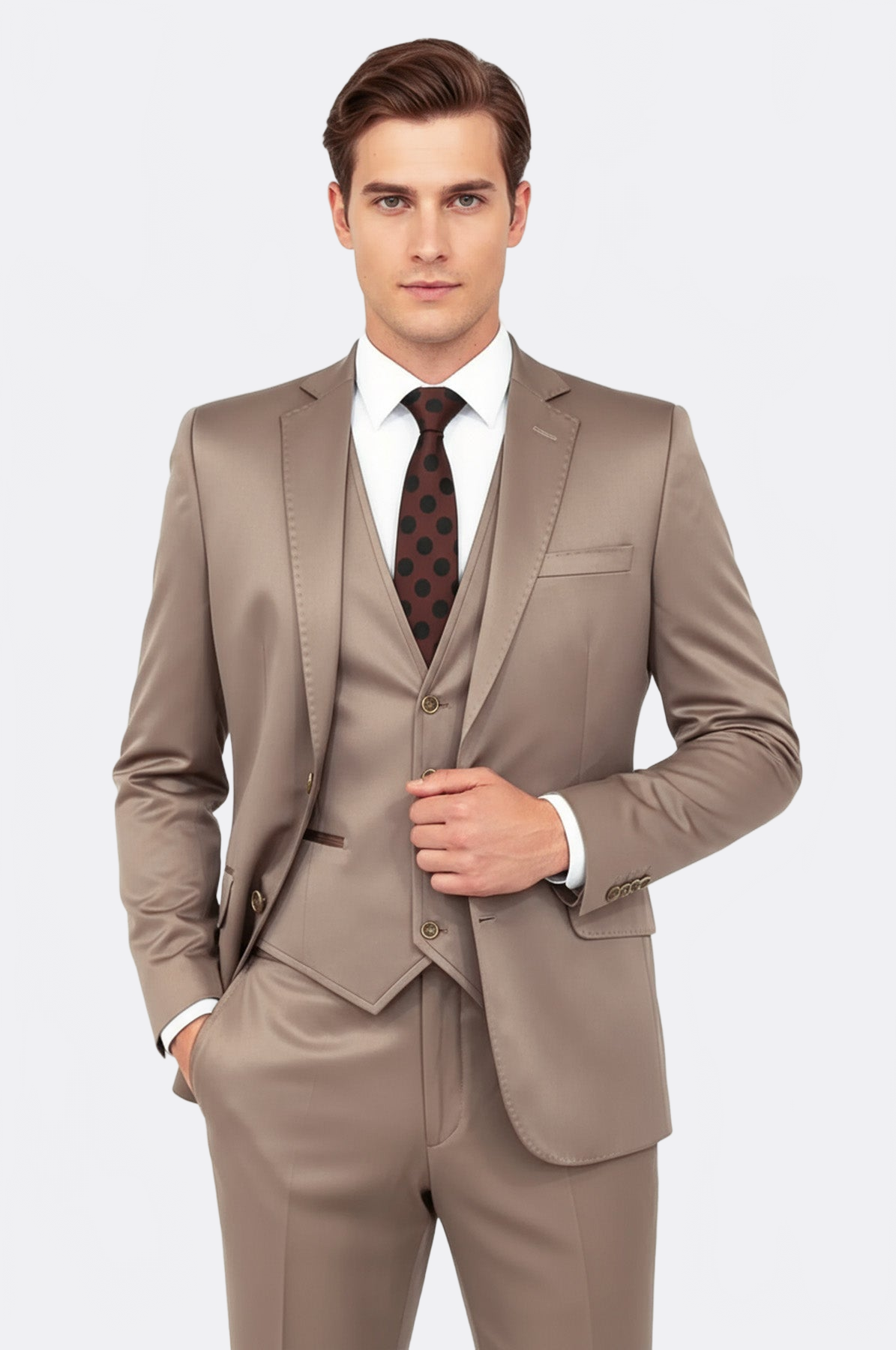 Plain Vested Light Brown Men Suit