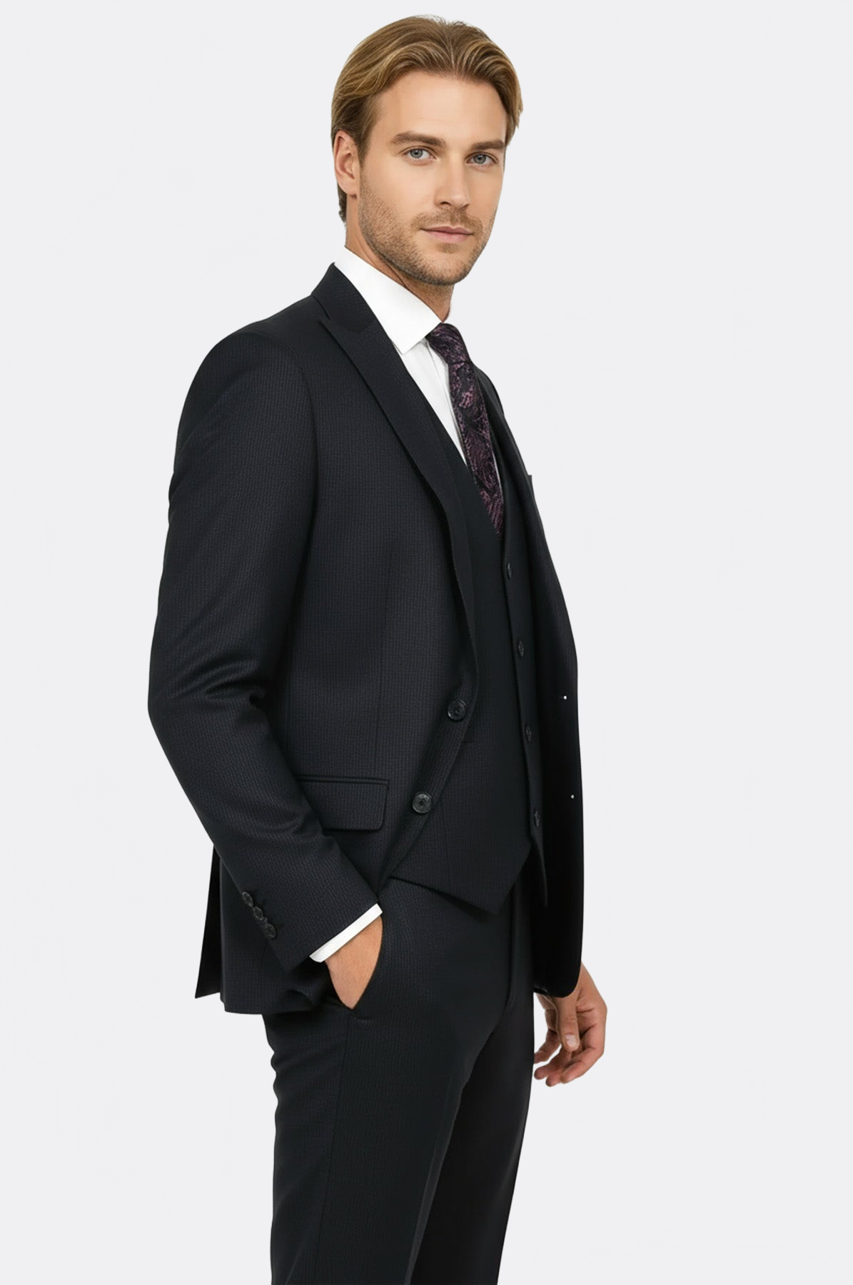 Slim Fit Patterned Navy Blue Men Suit - Image 3