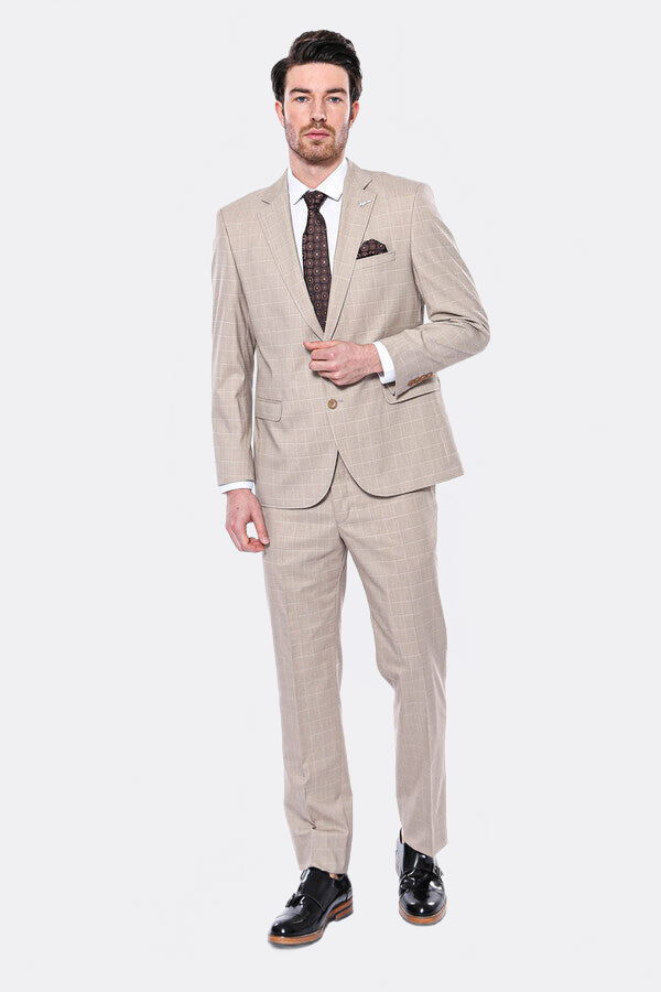 4 Drop Checked Regular Fit Beige Suit - Image 3