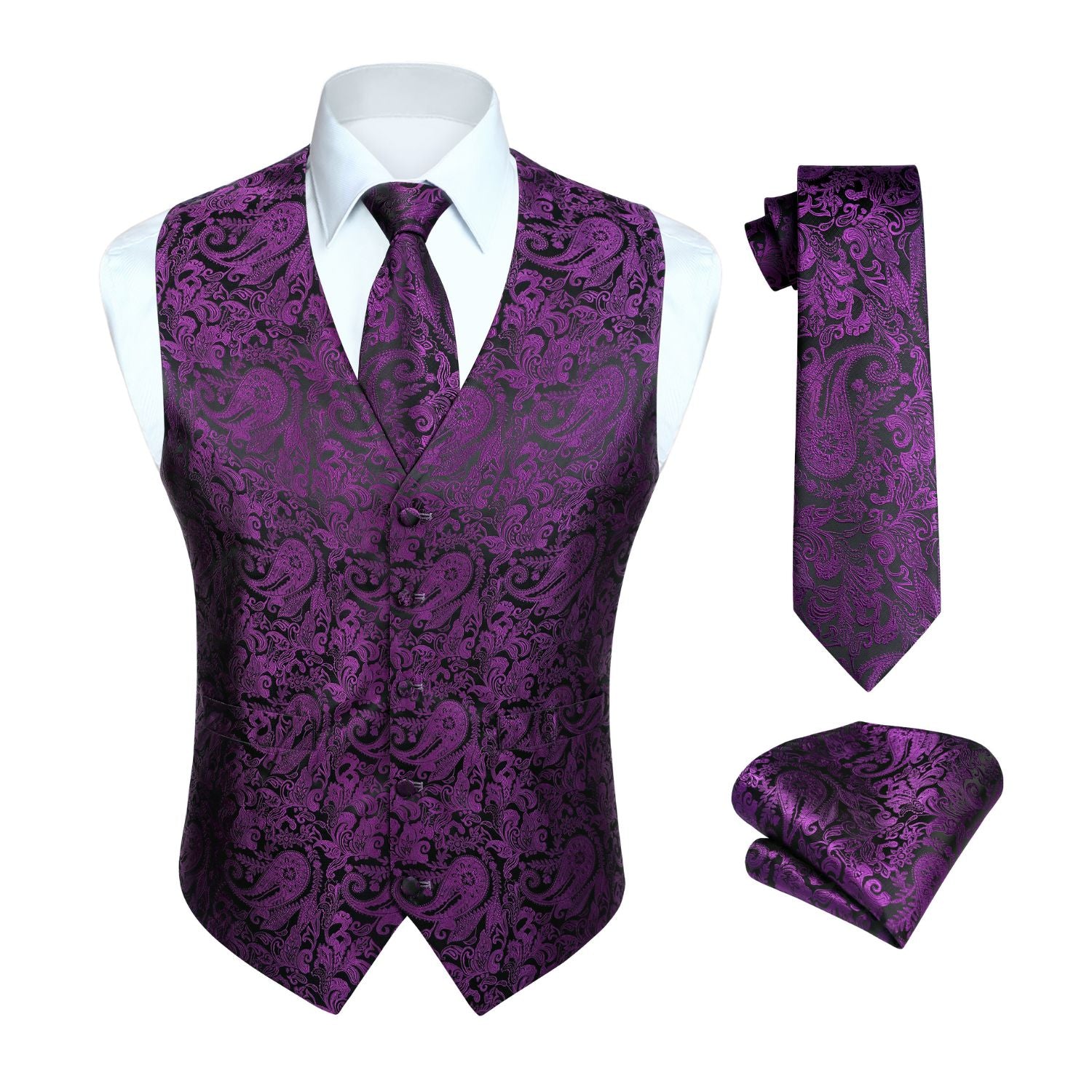 Purple Paisley Silk-Lined Dress Vest Tie Set For Weddings