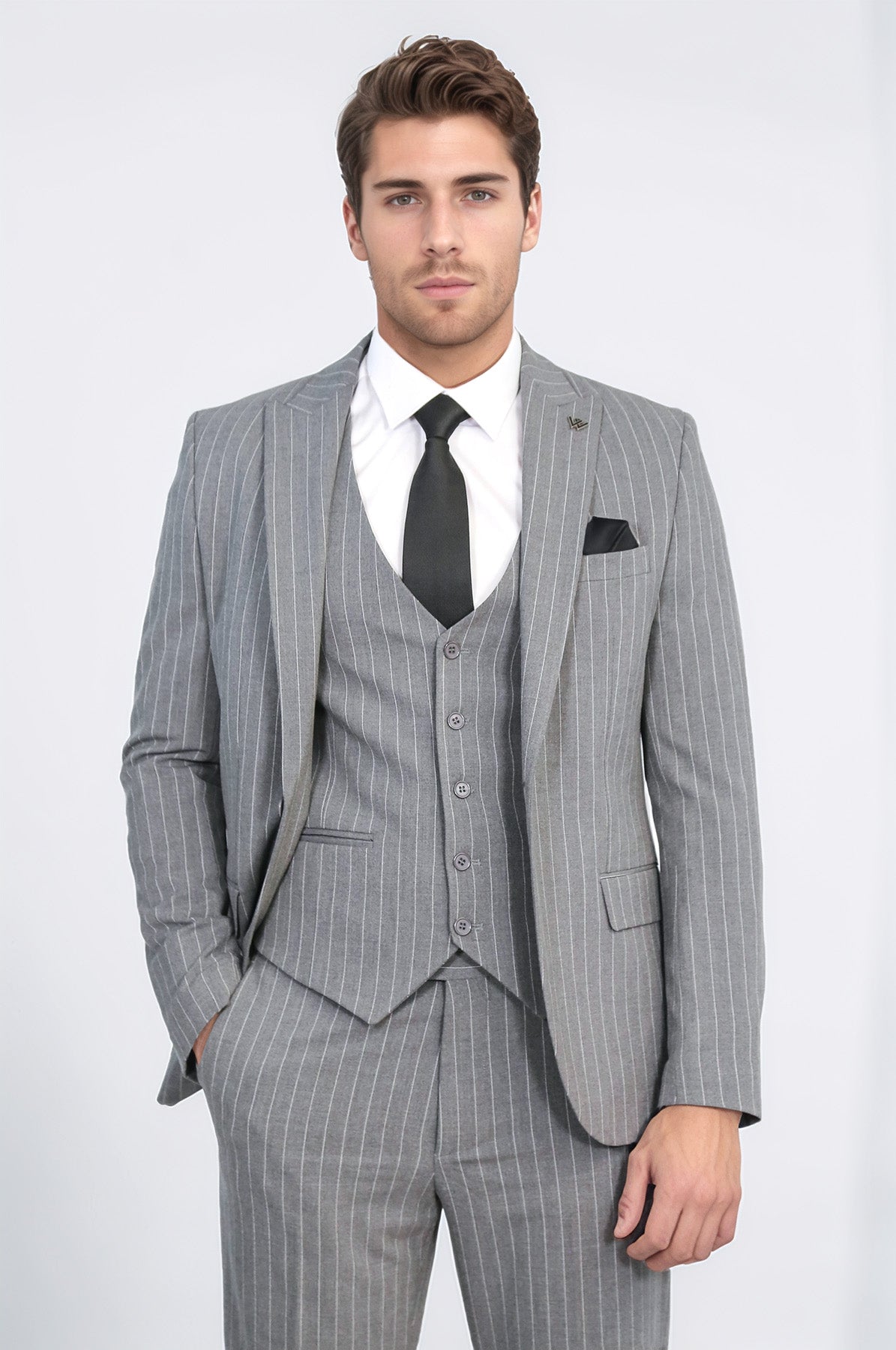 Striped Single Button With Vested Gray Mens Suit - Image 3