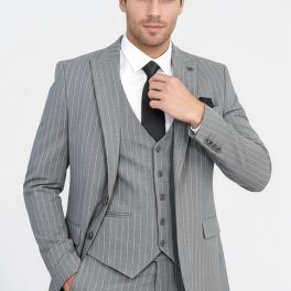 Striped Single Button With Vested Gray Mens Suit