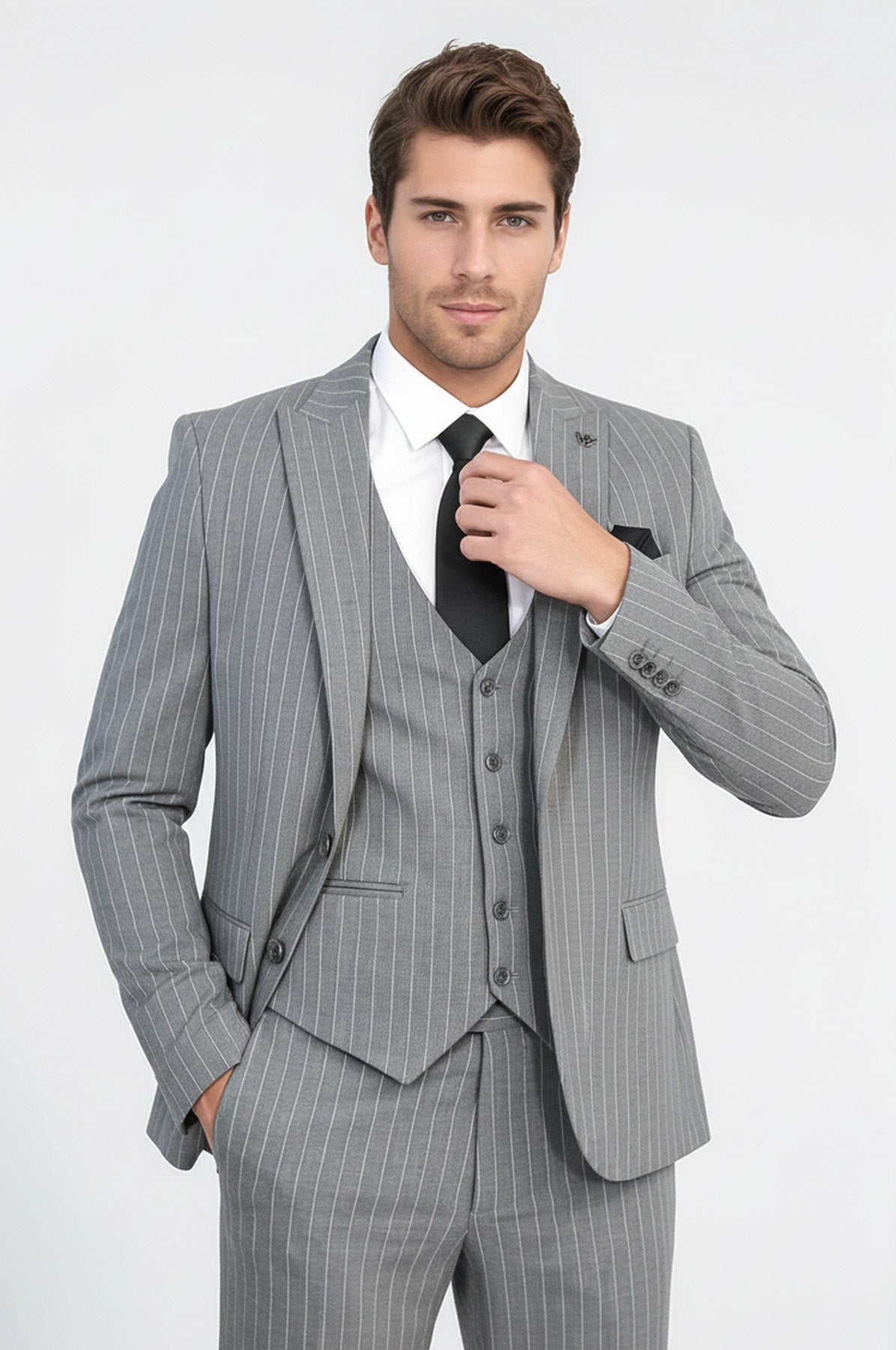 Striped Single Button With Vested Gray Mens Suit