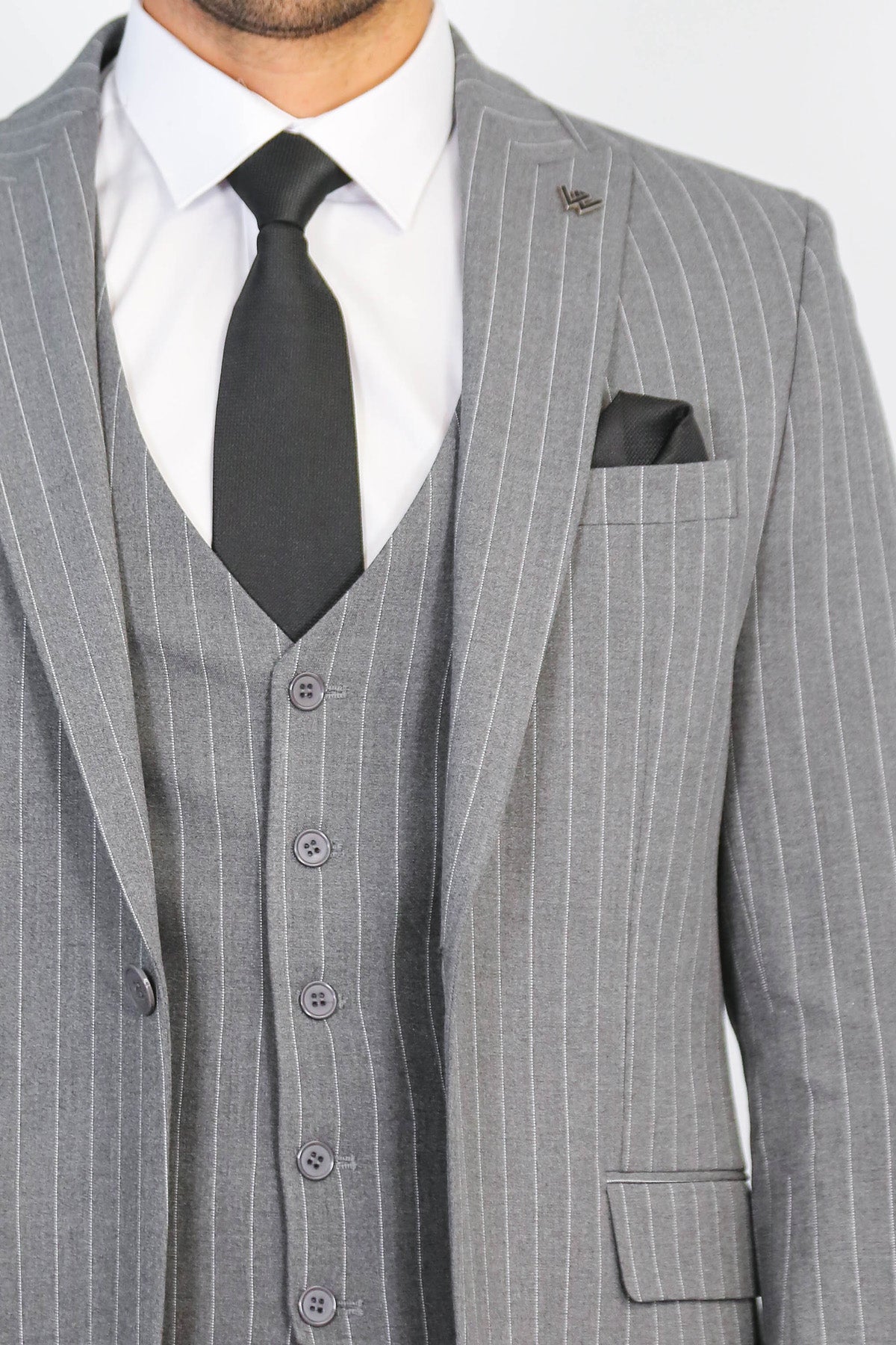 Striped Single Button With Vested Gray Mens Suit - Image 2