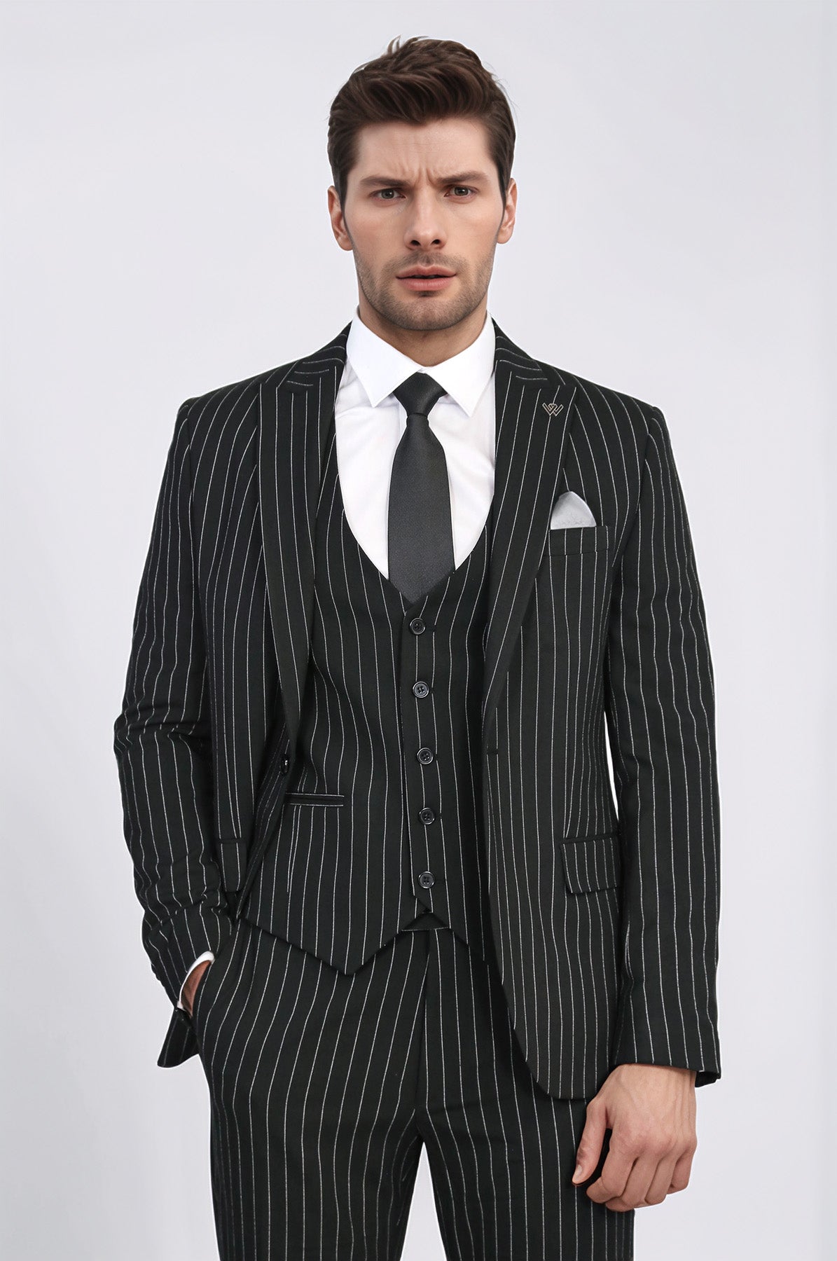 Striped Single Button With Vested Black Mens Suit - Image 3