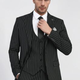 Striped Single Button With Vested Black Mens Suit
