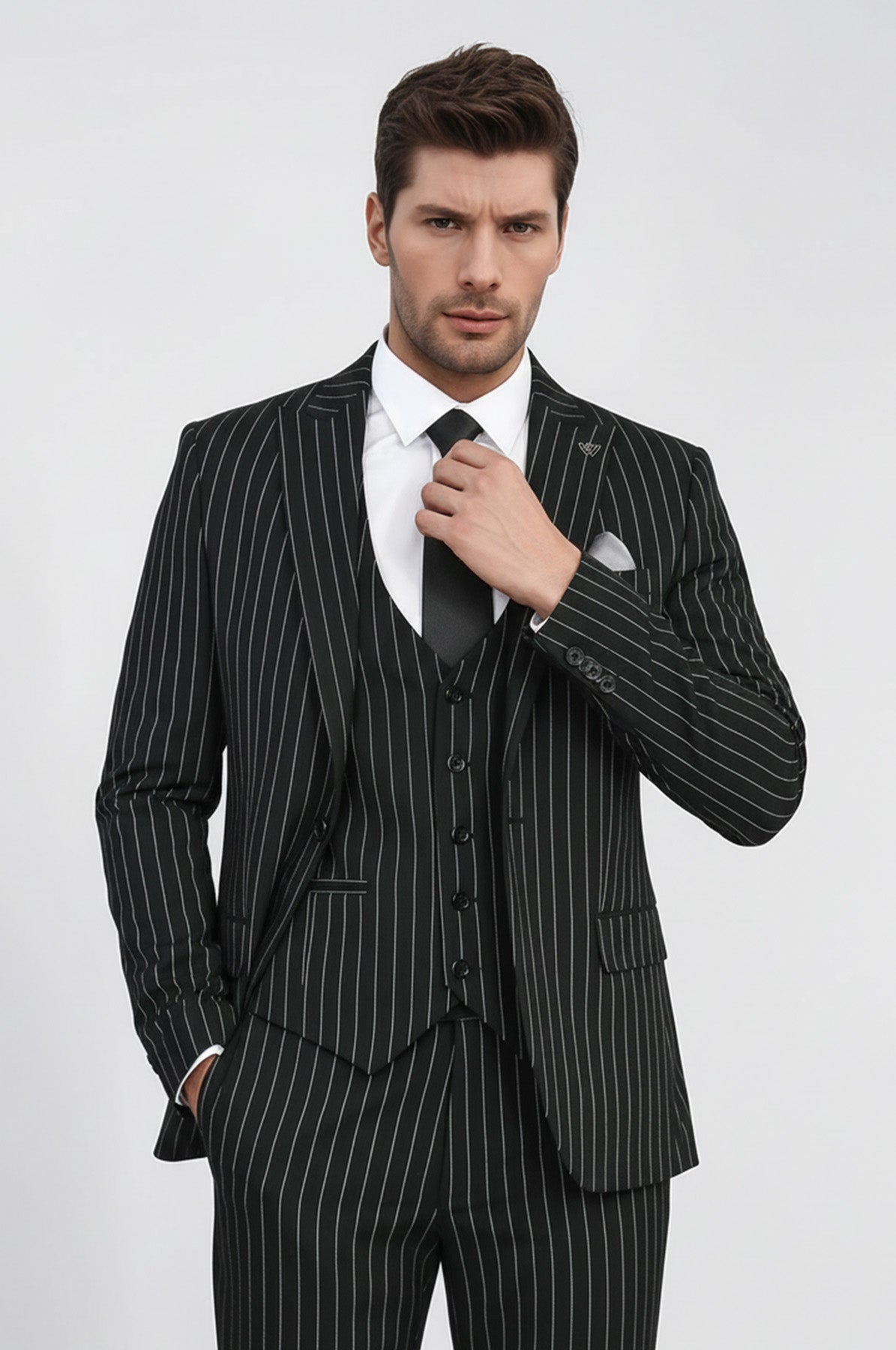 Striped Single Button With Vested Black Mens Suit
