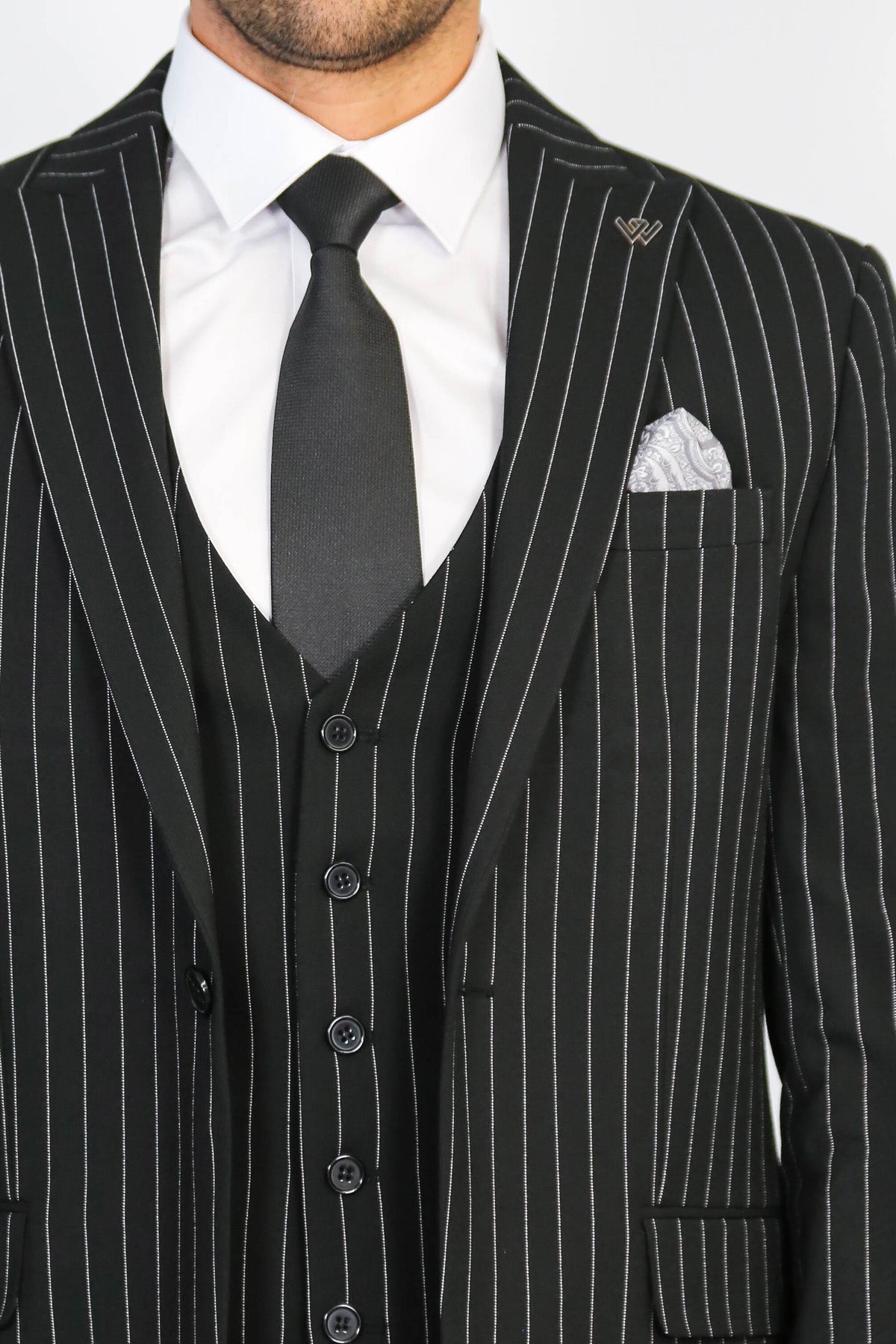 Striped Single Button With Vested Black Mens Suit - Image 2