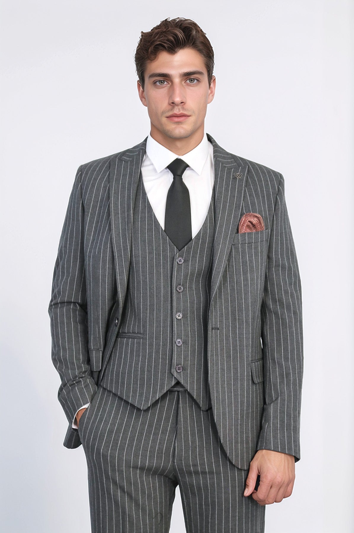 Striped Single Button With Vested Anthracite Mens Suit - Image 3