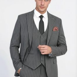 Striped Single Button With Vested Anthracite Mens Suit