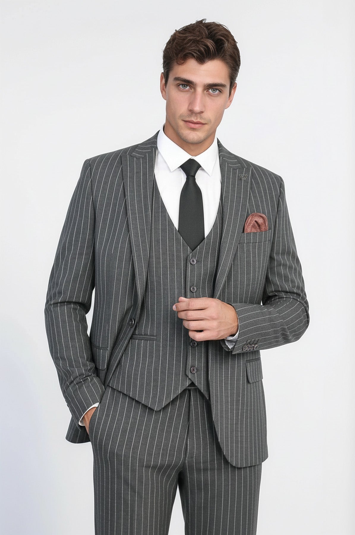 Striped Single Button With Vested Anthracite Mens Suit