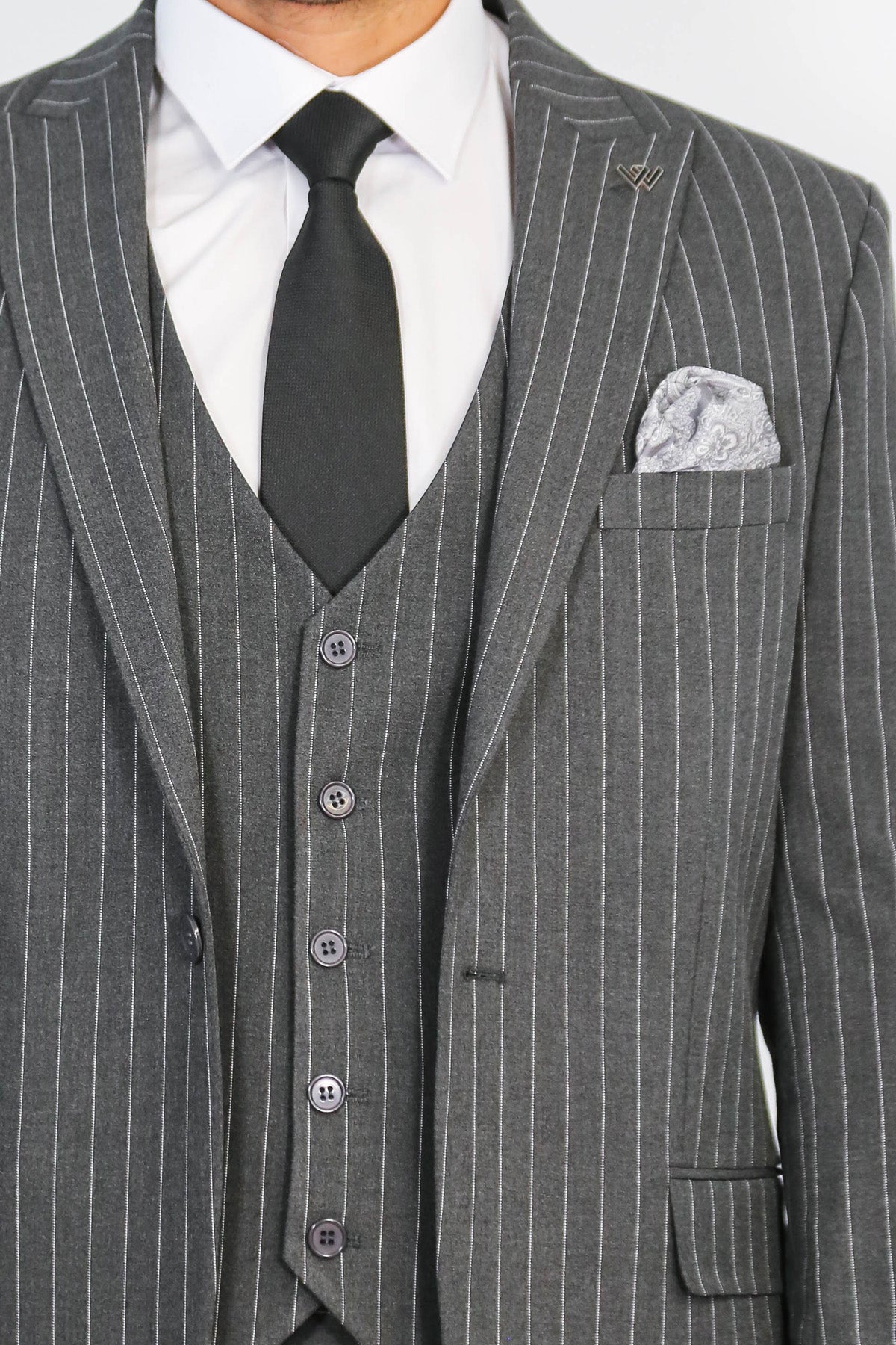 Striped Single Button With Vested Anthracite Mens Suit - Image 2