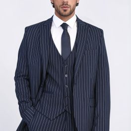 Striped Single Button With Vested Navy Blue Mens Suit