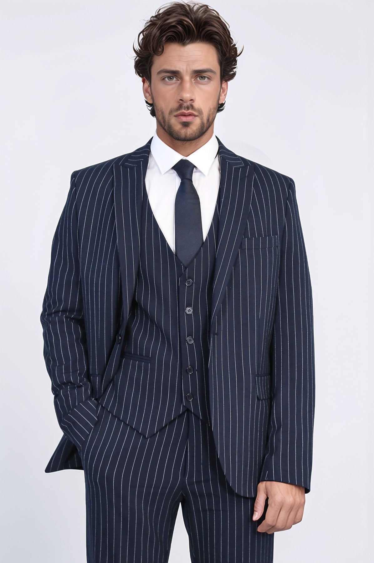 Striped Single Button With Vested Navy Blue Mens Suit