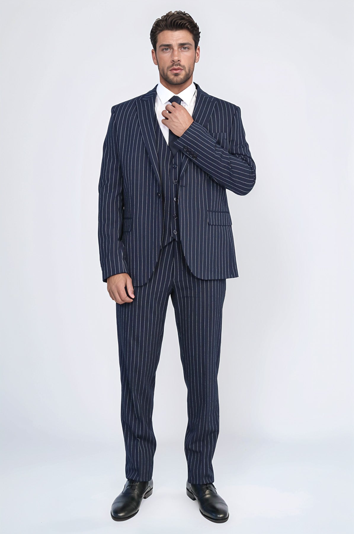 Striped Single Button With Vested Navy Blue Mens Suit - Image 3