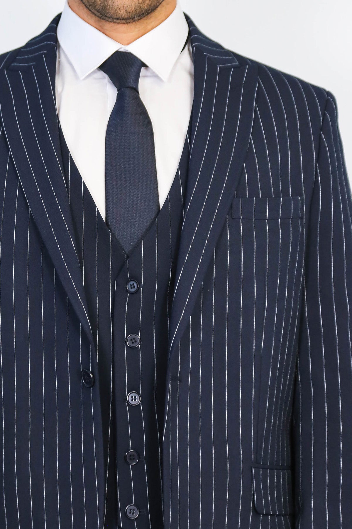 Striped Single Button With Vested Navy Blue Mens Suit - Image 2