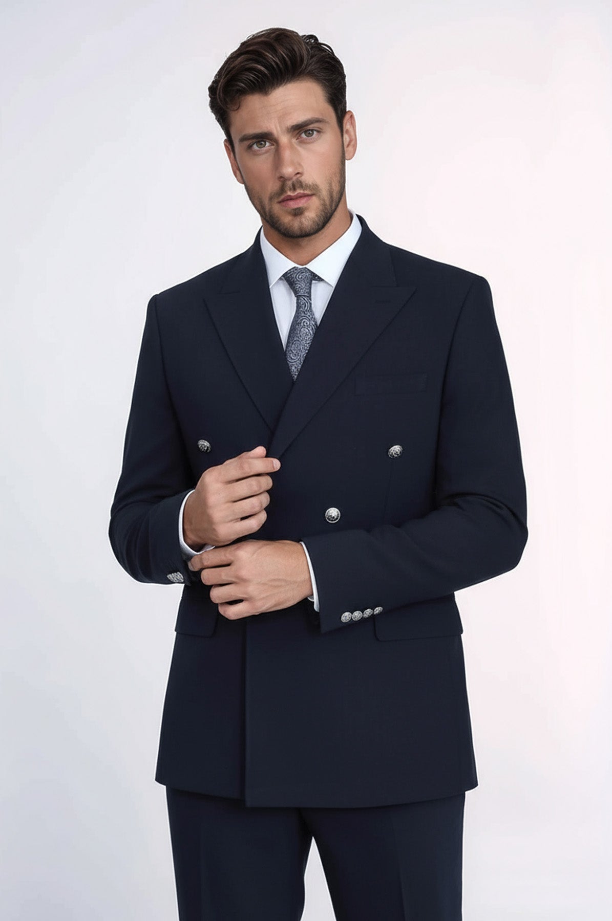 Modern Fit Double-Breasted Navy Men’s Suit With Silver-Tone Metal Buttons