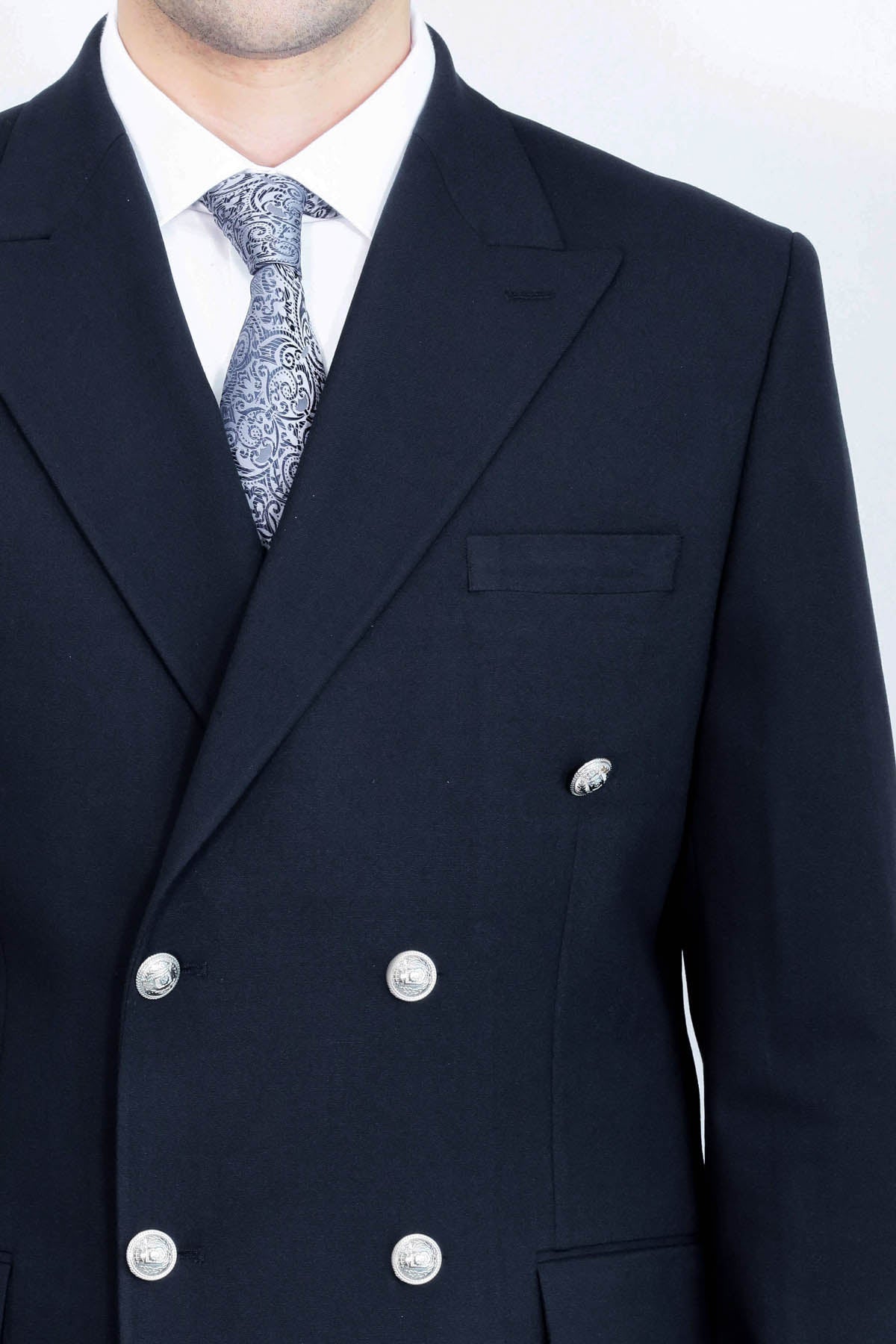 Modern Fit Double-Breasted Navy Men’s Suit With Silver-Tone Metal Buttons - Image 2
