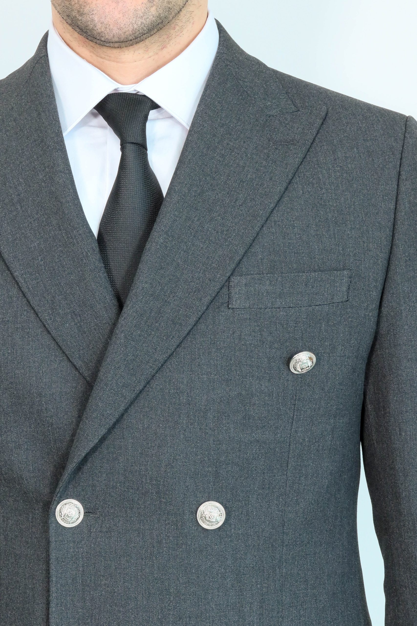 Modern Fit Double-Breasted Dark Grey Men’s Suit With Silver-Tone Metal Buttons - Image 2