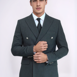 Modern Fit Double-Breasted Dark Grey Men’s Suit With Silver-Tone Metal Buttons