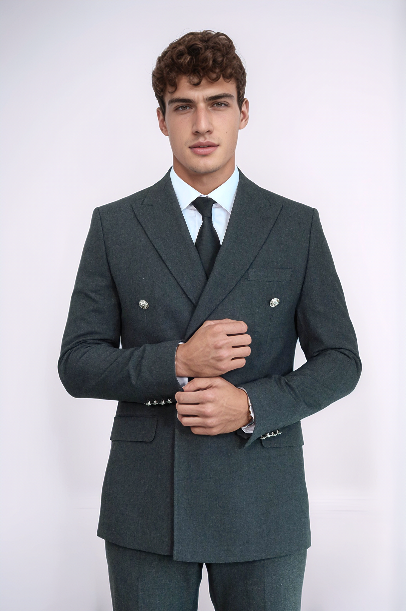 Modern Fit Double-Breasted Dark Grey Men’s Suit With Silver-Tone Metal Buttons