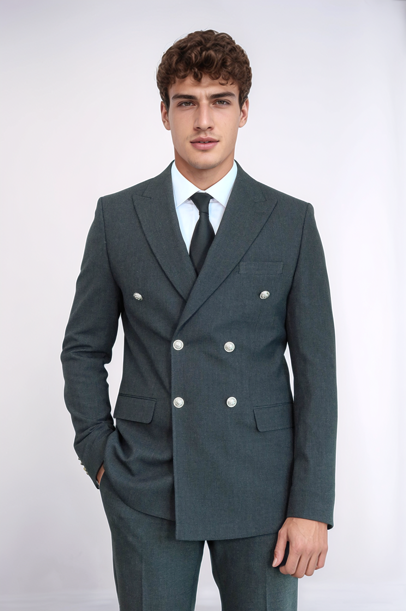 Modern Fit Double-Breasted Dark Grey Men’s Suit With Silver-Tone Metal Buttons - Image 3