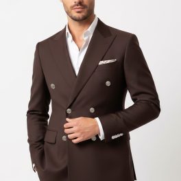 Modern Fit Double-Breasted Brown Men's Suit With Silver-Tone Buttons
