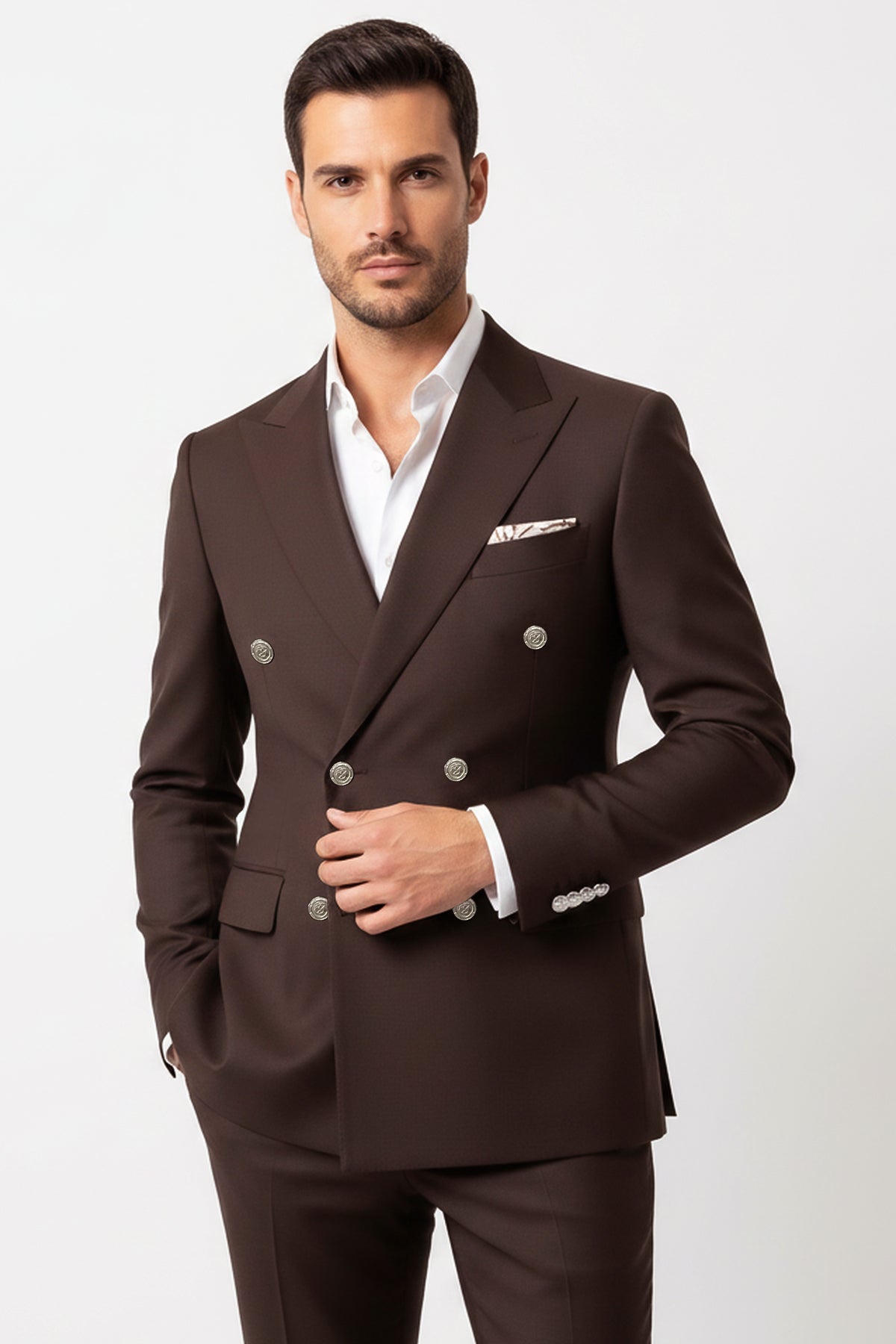 Modern Fit Double-Breasted Brown Men's Suit With Silver-Tone Buttons