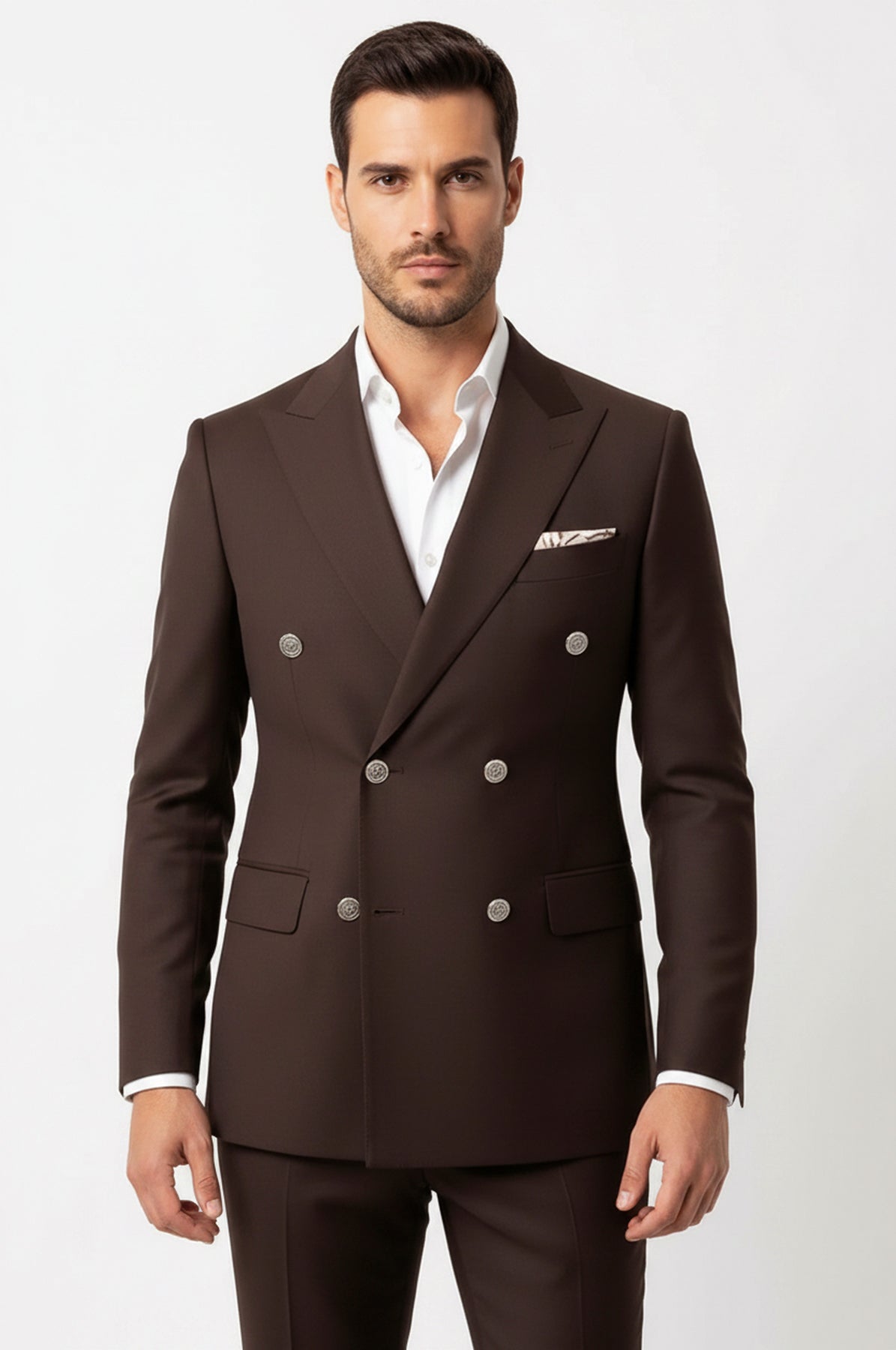 Modern Fit Double-Breasted Brown Men's Suit With Silver-Tone Buttons - Image 3