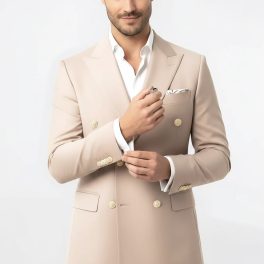 Modern Fit Double-Breasted Beige Men's Suit With Silver-Tone Buttons