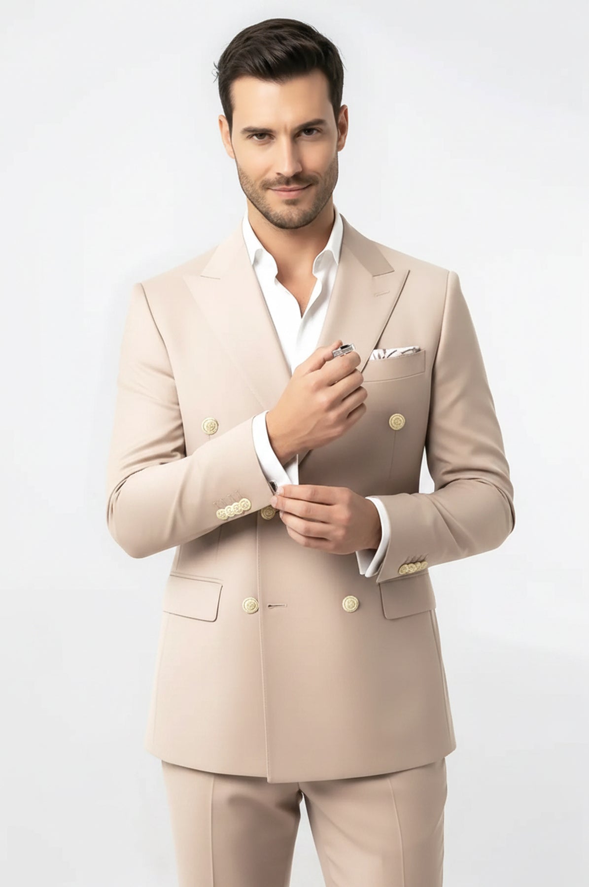 Modern Fit Double-Breasted Beige Men's Suit With Silver-Tone Buttons