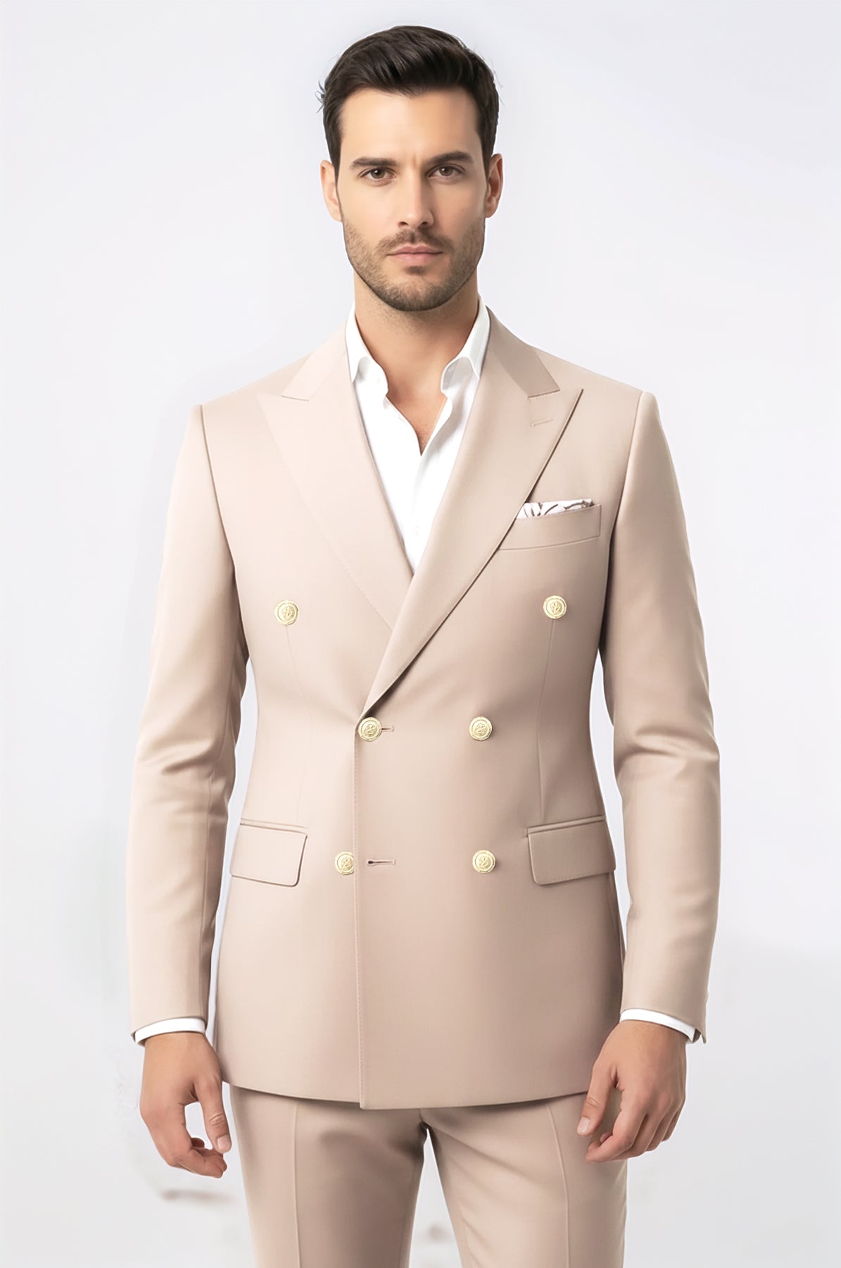 Modern Fit Double-Breasted Beige Men's Suit With Silver-Tone Buttons - Image 3