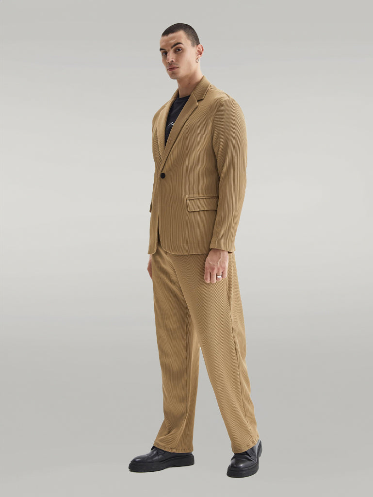 Men's Dark Beige Ribbed Textured Oversize Suit - Image 2