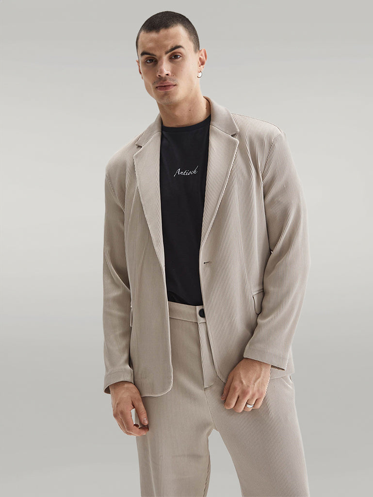 Men's Beige Ribbed Textured Oversize Suit - Image 2